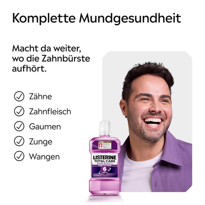 LISTERINE Total Care Zahn-Schutz 500 ml - Testsieger Stiftung Warentest, 6 in 1 Wirkung, 24h frischer Atem, schützt gegen Karies und Zahnfleischprobleme, antibakterielles Mundwasser