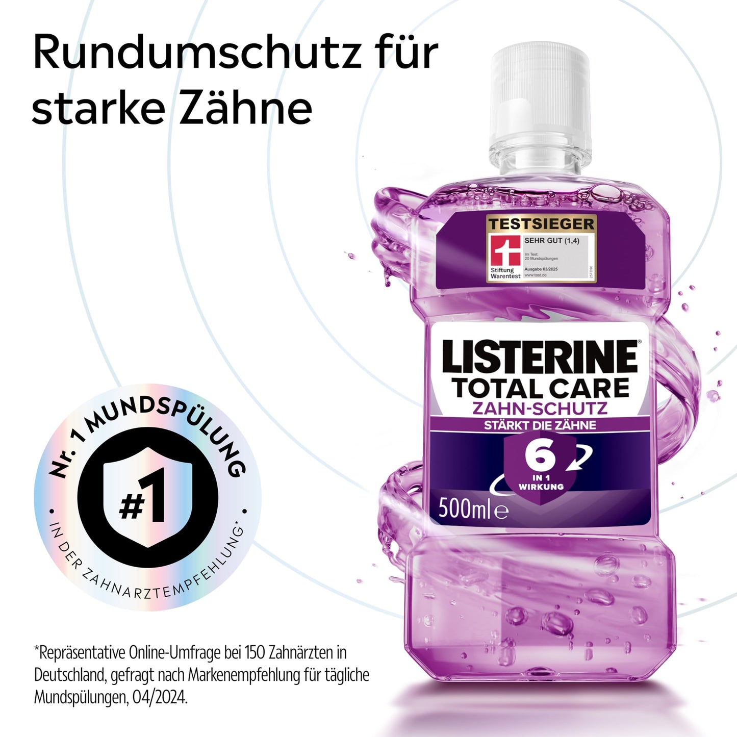 LISTERINE Total Care Zahn-Schutz 500 ml - Testsieger Stiftung Warentest, 6 in 1 Wirkung, 24h frischer Atem, schützt gegen Karies und Zahnfleischprobleme, antibakterielles Mundwasser